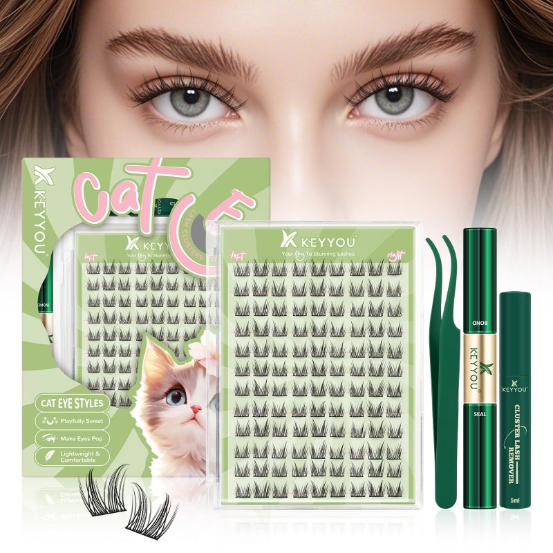KEYYOU Bunny Lash Clusters Kit Anime Cat Eye Lashes 108pcs Wispy Natural Cat style Lash Extension Kit with Bond and Seal,Applicators,Remover for Manga DIY Eyelash Extension Kit at Homeï¼ˆMC02ï¼‰ - Image 1