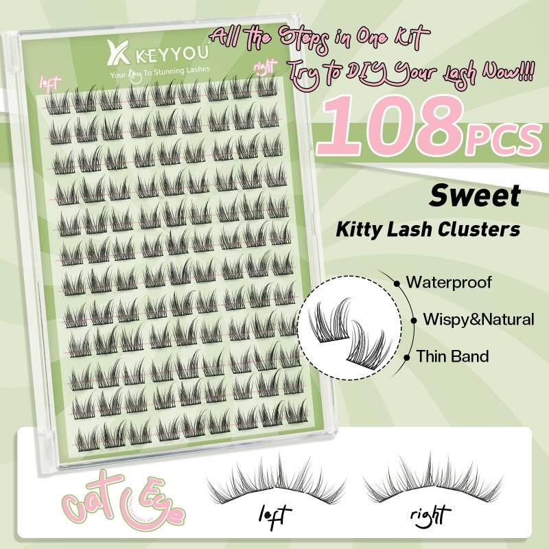 KEYYOU Bunny Lash Clusters Kit Anime Cat Eye Lashes 108pcs Wispy Natural Cat style Lash Extension Kit with Bond and Seal,Applicators,Remover for Manga DIY Eyelash Extension Kit at Homeï¼ˆMC02ï¼‰ - Image 4
