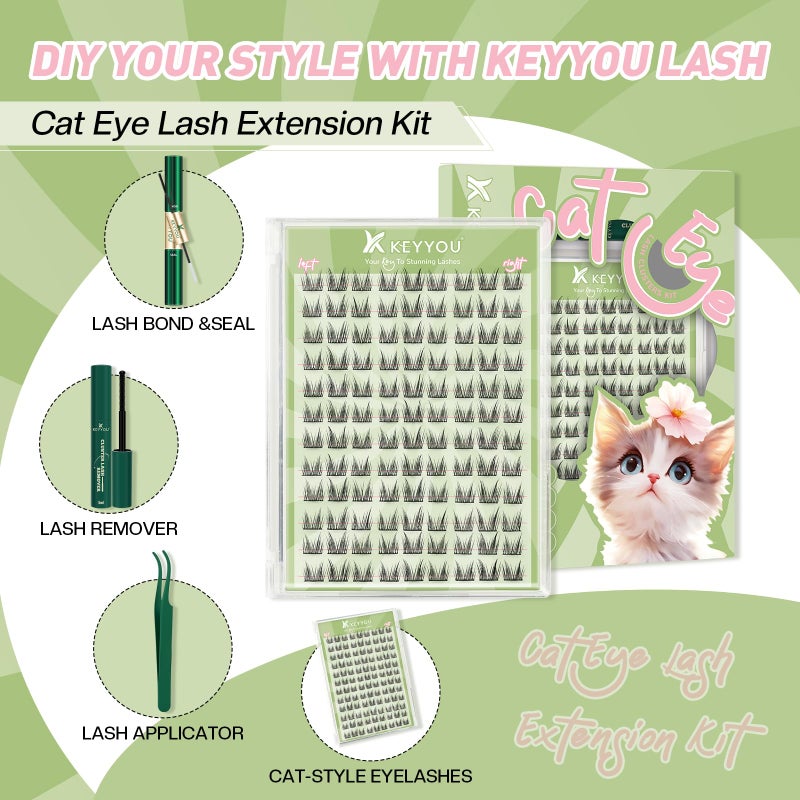 KEYYOU Bunny Lash Clusters Kit Anime Cat Eye Lashes 108pcs Wispy Natural Cat style Lash Extension Kit with Bond and Seal,Applicators,Remover for Manga DIY Eyelash Extension Kit at Homeï¼ˆMC02ï¼‰ - Image 5