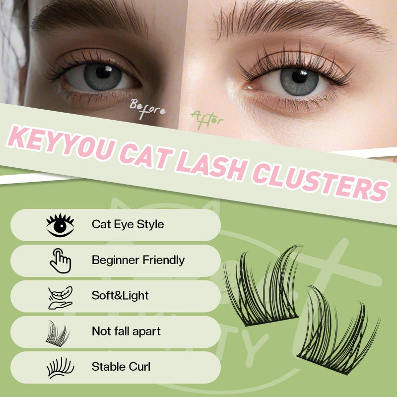 KEYYOU Bunny Lash Clusters Kit Anime Cat Eye Lashes 108pcs Wispy Natural Cat style Lash Extension Kit with Bond and Seal,Applicators,Remover for Manga DIY Eyelash Extension Kit at Homeï¼ˆMC02ï¼‰ - Image 3