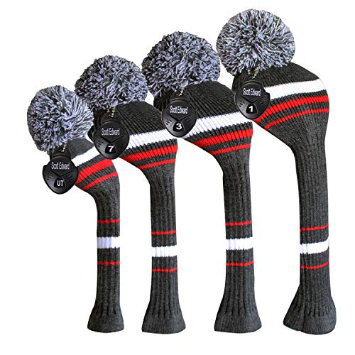 Scott Edward Gray White Red Stripes Golf Headcover Set 4 for Driver Wood(460CC) Fairways Hybrid/UT, with Rotating Number Tags - Image 1