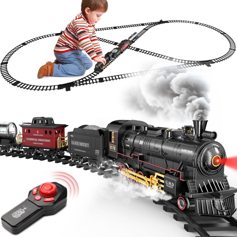 Hot Bee Train Set for Boys Alloy Remote Control Train Toys with Steam Locomotive Cargo Cars Tracks Trains with Realistic Smoke Sound LightsChristmas Train Toys Gifts for 3 4 5 6 7 8 Years Old Kids - Image 2