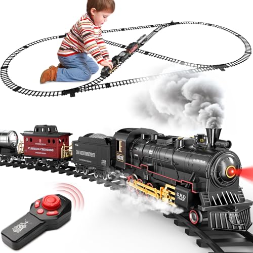 Hot Bee Train Set for Boys Alloy Remote Control Train Toys with Steam Locomotive Cargo Cars Tracks Trains with Realistic Smoke Sound LightsChristmas Train Toys Gifts for 3 4 5 6 7 8 Years Old Kids - Image 1