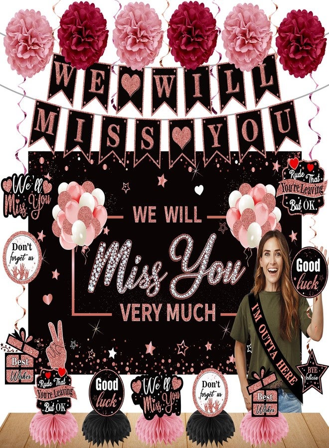 Turypaty Retirement Party Decorations Supplies Kit for Women, Rose Gold Farewell Decorations, We Will Miss You Banner Backdrop Table Toppers Hanging swirls Pompoms Going Away Party Decorations - Image 1