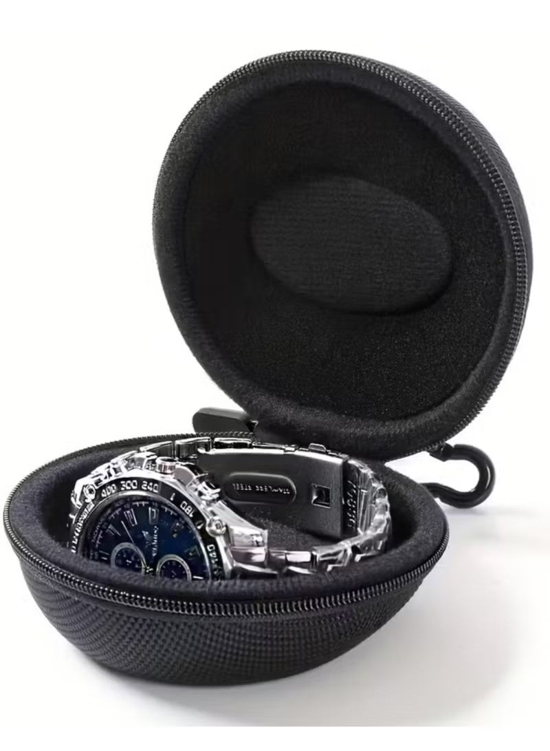 Portable Single Watch Travel Case (Black, Round) Durable Polyester Fiber Watch Storage Box with Fabric Lining Shockproof Organizer for Men's & Women's Wristwatches & Accessories - Image 1