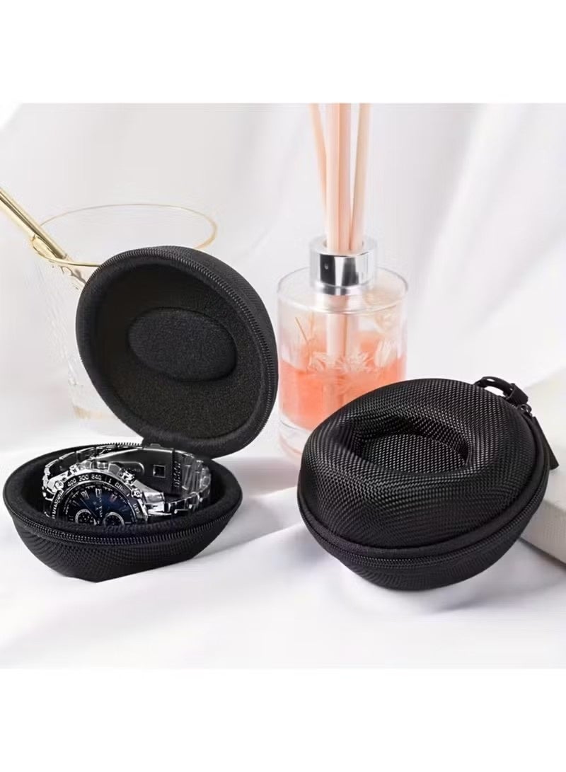 Portable Single Watch Travel Case (Black, Round) Durable Polyester Fiber Watch Storage Box with Fabric Lining Shockproof Organizer for Men's & Women's Wristwatches & Accessories - Image 2