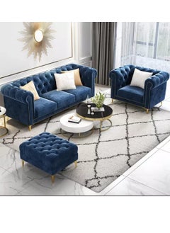مهارة البحر "مجموعة أرائك تشسترفيلد الحديثة الكلاسيكية لـ 4 أشخاص من MAB FURNISHINGS بزرات مخملية مطرزة بـ 3 + 1 + 1 مع مسند للقدم لغرفة المعيشة والمكتب (أزرق)  - Image 1