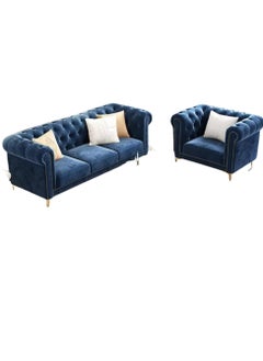 مهارة البحر "مجموعة أرائك تشسترفيلد الحديثة الكلاسيكية لـ 4 أشخاص من MAB FURNISHINGS بزرات مخملية مطرزة بـ 3 + 1 + 1 مع مسند للقدم لغرفة المعيشة والمكتب (أزرق)  - Image 2
