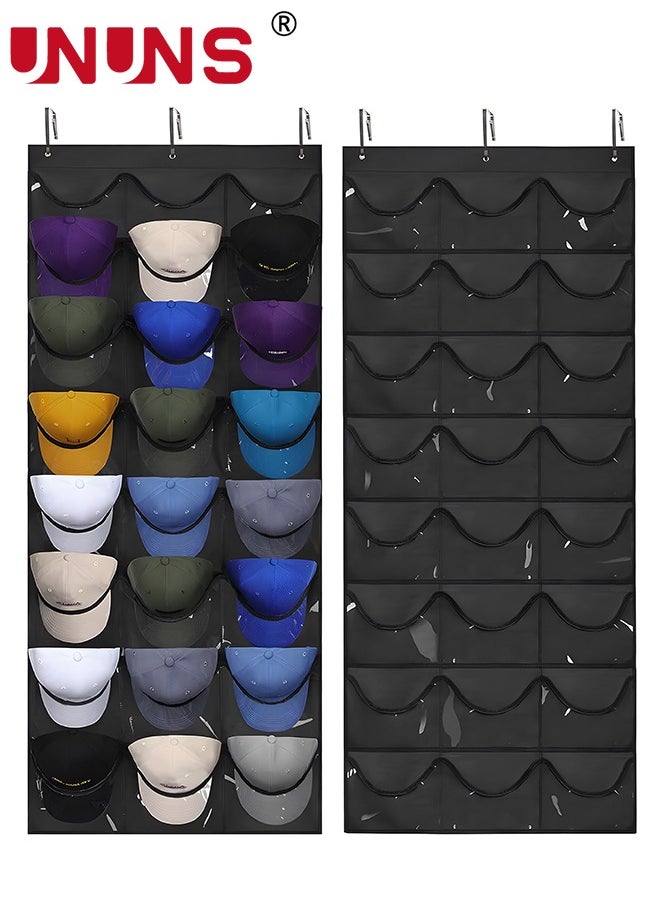 UNUNS Hat Rack,24 Deep Pockets Hat Organizer,Hat Racks For Baseball Caps, Visible Hat Holder,Baseball Hat Rack For Wall Door With 3 Hooks,Black  - Image 1