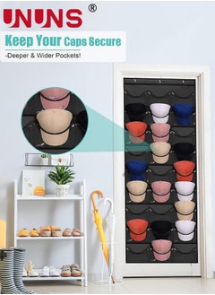 UNUNS Hat Rack,24 Deep Pockets Hat Organizer,Hat Racks For Baseball Caps, Visible Hat Holder,Baseball Hat Rack For Wall Door With 3 Hooks,Black  - Image 2