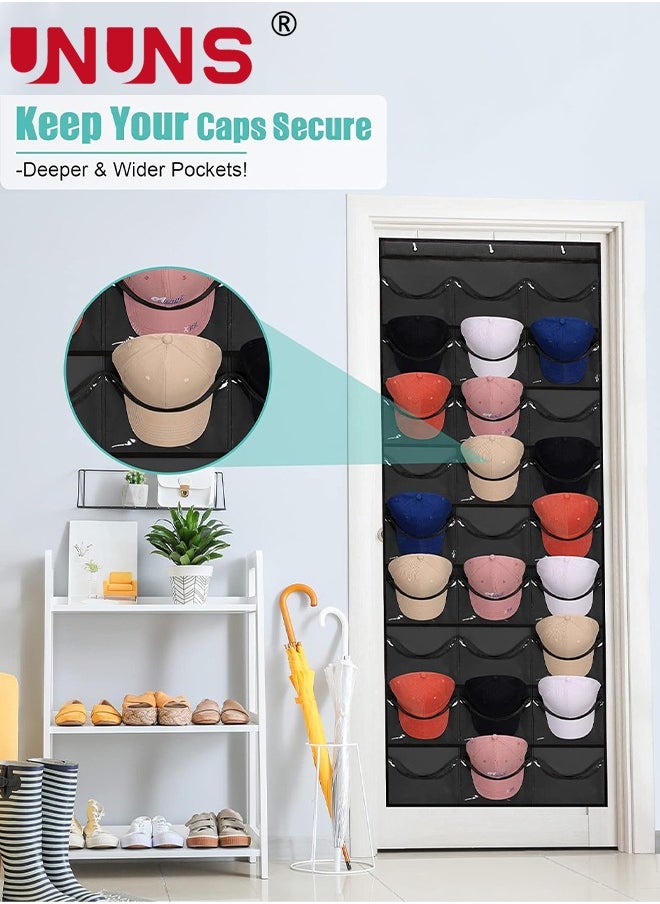 UNUNS Hat Rack,24 Deep Pockets Hat Organizer,Hat Racks For Baseball Caps, Visible Hat Holder,Baseball Hat Rack For Wall Door With 3 Hooks,Black  - Image 2
