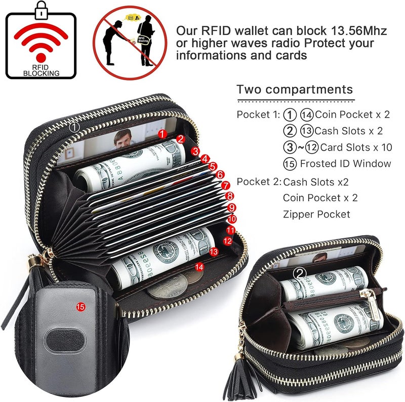 APHISON RFID Credit Card Holder Zipper Card Case Keychain Small Wallet for Women 1942-2 BLACK - Image 3