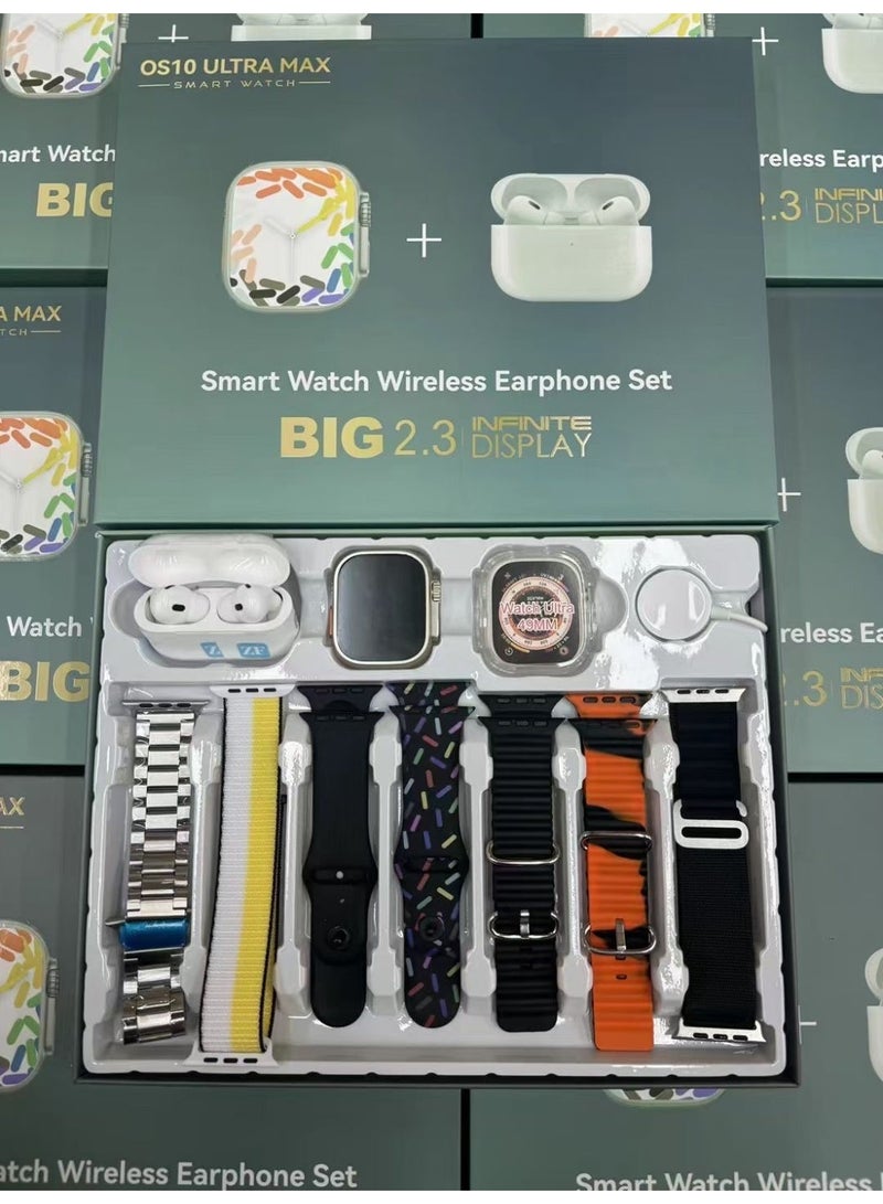 ألترا ماكس ساعة ذكية OS10 ULTRA Ultra Max 10 في 1 إصدار فاخر مع سماعات أذن مقاومة للماء IP67 مع جهاز تتبع اللياقة البدنية والصحة وساعة رياضية 7 إضافة سوار بديل يدعم اللغة العربية وشاشة تعمل باللمس عالية الدقة مقاس 49 مم - متعدد الألوان - Image 1