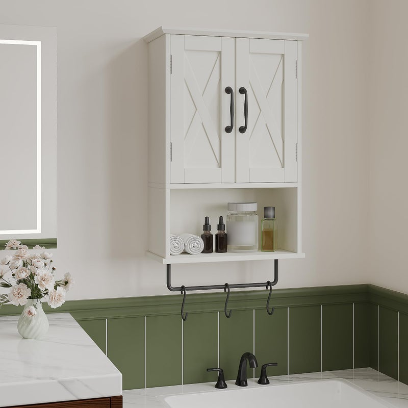 ChooChoo Farmhouse Medicine Cabinet, Bathroom Wall Cabinet with Adjustable Shelf, Towel Bar, 3 Hooks, Over The Toilet Storage Cabinet for Bathroom, Kitchen, White - Image 3