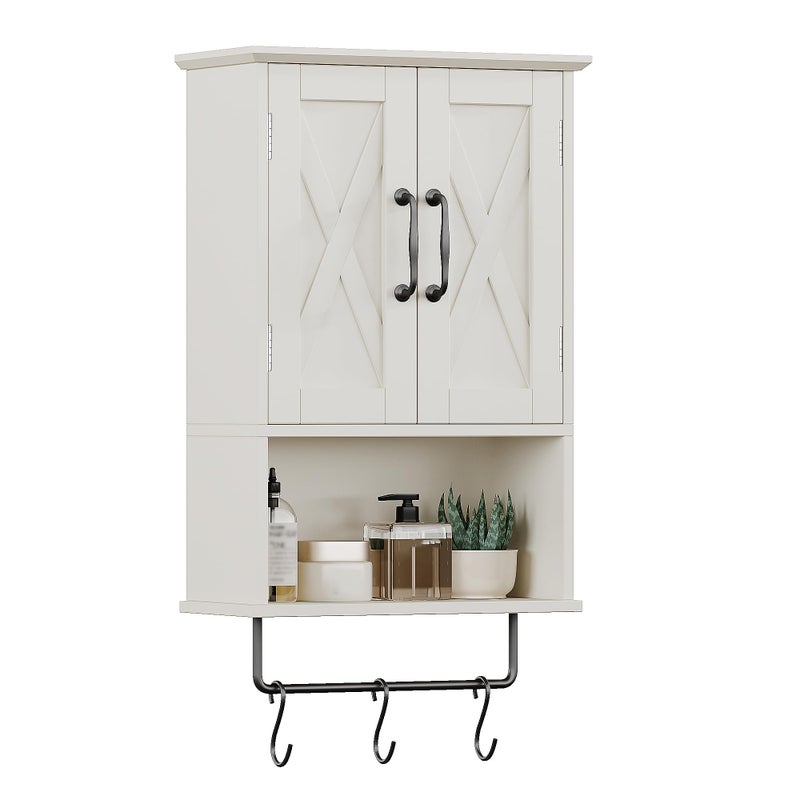 ChooChoo Farmhouse Medicine Cabinet, Bathroom Wall Cabinet with Adjustable Shelf, Towel Bar, 3 Hooks, Over The Toilet Storage Cabinet for Bathroom, Kitchen, White - Image 1