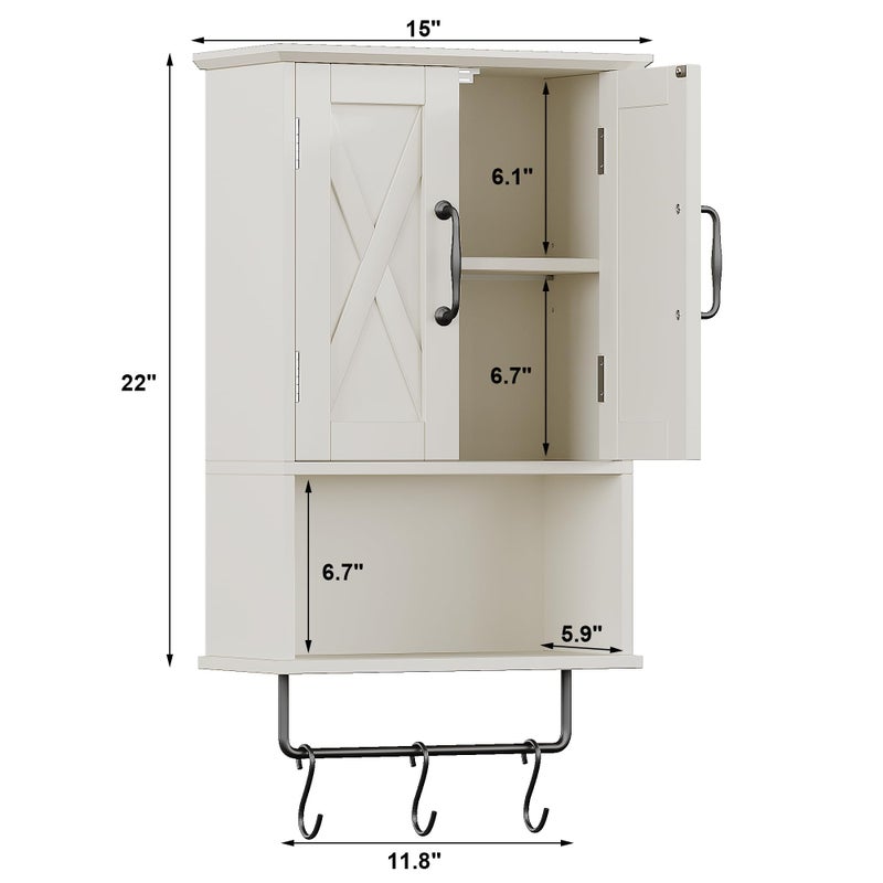 ChooChoo Farmhouse Medicine Cabinet, Bathroom Wall Cabinet with Adjustable Shelf, Towel Bar, 3 Hooks, Over The Toilet Storage Cabinet for Bathroom, Kitchen, White - Image 2