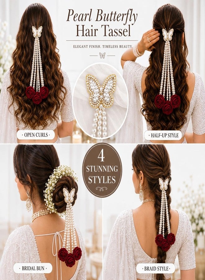 DHIMGU Elegant Pearl Butterfly & Rose Hair Veni | Traditional Bridal Hair Extension with Rose Flower Tassle - Image 5