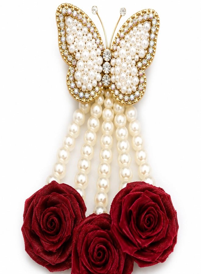 DHIMGU Elegant Pearl Butterfly & Rose Hair Veni | Traditional Bridal Hair Extension with Rose Flower Tassle - Image 3
