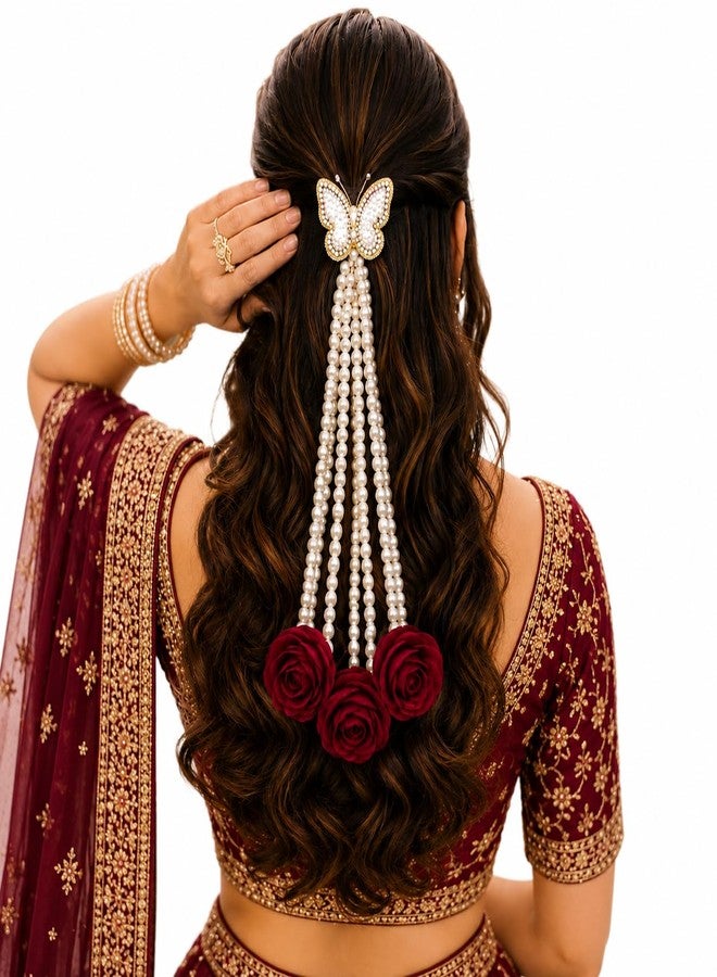 DHIMGU Elegant Pearl Butterfly & Rose Hair Veni | Traditional Bridal Hair Extension with Rose Flower Tassle - Image 1