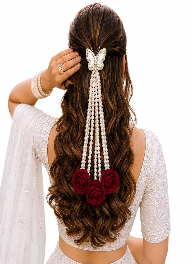DHIMGU Elegant Pearl Butterfly & Rose Hair Veni | Traditional Bridal Hair Extension with Rose Flower Tassle - Image 2