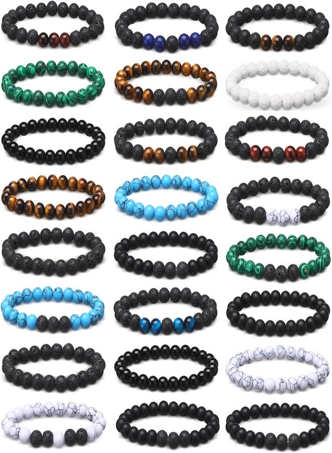 Landical 24 Pcs 8 mm Natural Stone Beads Bracelet Set Tiger Eye Bracelet Men Stretch Lava Stone Bracelet Bulk Adjustable Onyx Matte Beads Essential Oil Diffuser Bracelet for Men Women Jewelry Gifts - Image 1