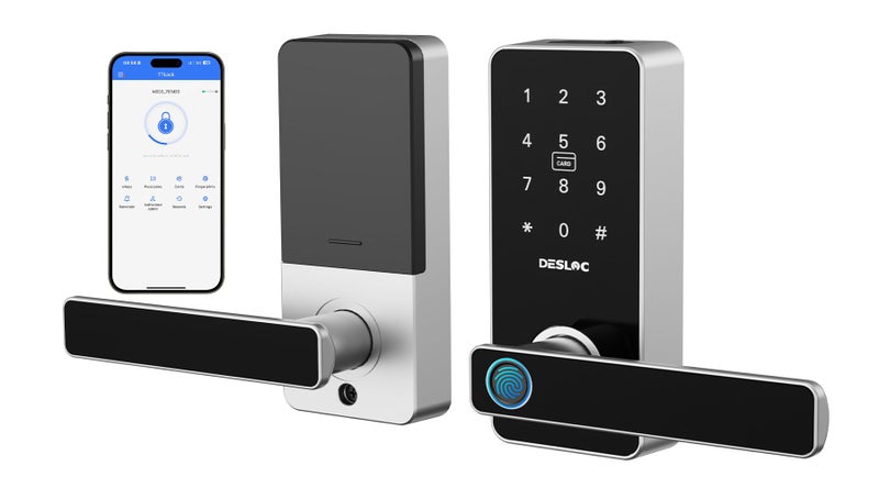 DESLOC B200L Fingerprint Smart Lock with Handle, Keyless Entry Door Locks for Front Door and Bedrooms, App Control, Touchscreen Keypad, Auto-Lock, 12-Month Battery, Emergency Power Port, IP54 Silver - Image 1