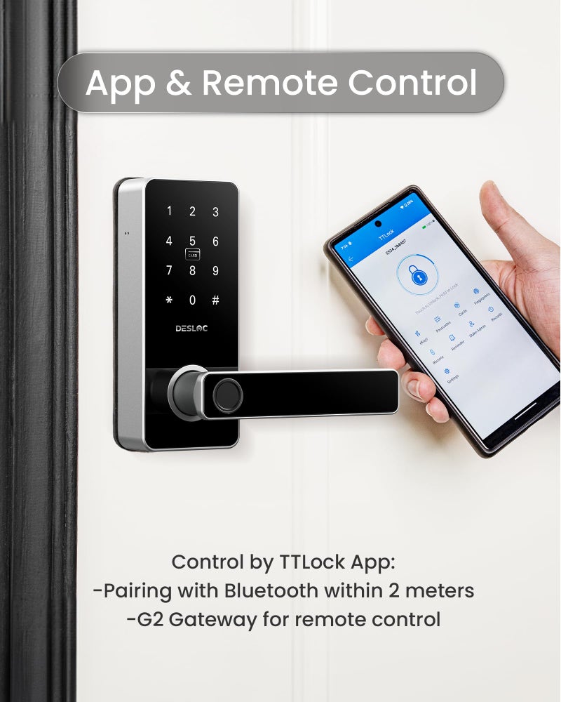 DESLOC B200L Fingerprint Smart Lock with Handle, Keyless Entry Door Locks for Front Door and Bedrooms, App Control, Touchscreen Keypad, Auto-Lock, 12-Month Battery, Emergency Power Port, IP54 Silver - Image 3