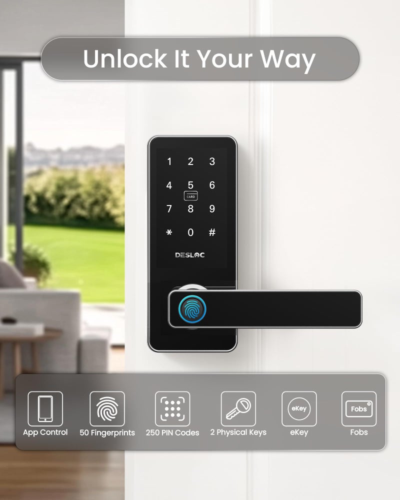 DESLOC B200L Fingerprint Smart Lock with Handle, Keyless Entry Door Locks for Front Door and Bedrooms, App Control, Touchscreen Keypad, Auto-Lock, 12-Month Battery, Emergency Power Port, IP54 Silver - Image 5