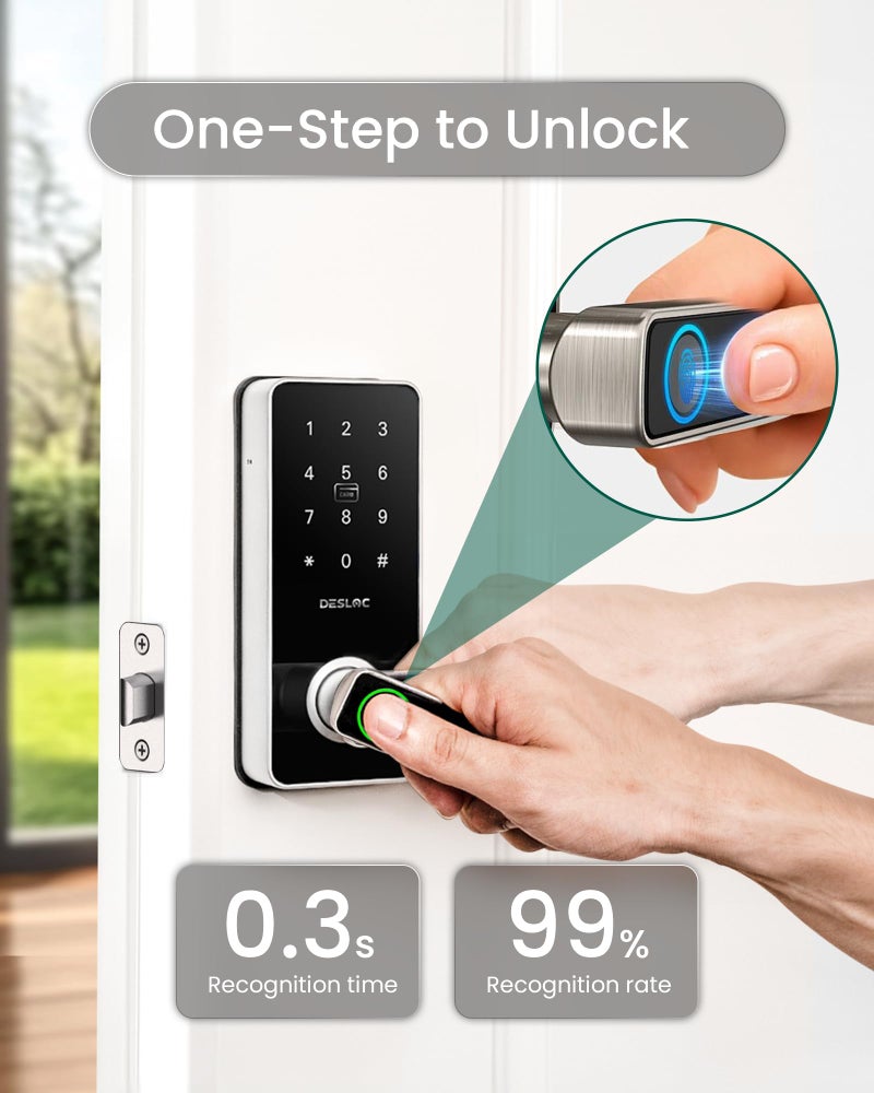 DESLOC B200L Fingerprint Smart Lock with Handle, Keyless Entry Door Locks for Front Door and Bedrooms, App Control, Touchscreen Keypad, Auto-Lock, 12-Month Battery, Emergency Power Port, IP54 Silver - Image 2