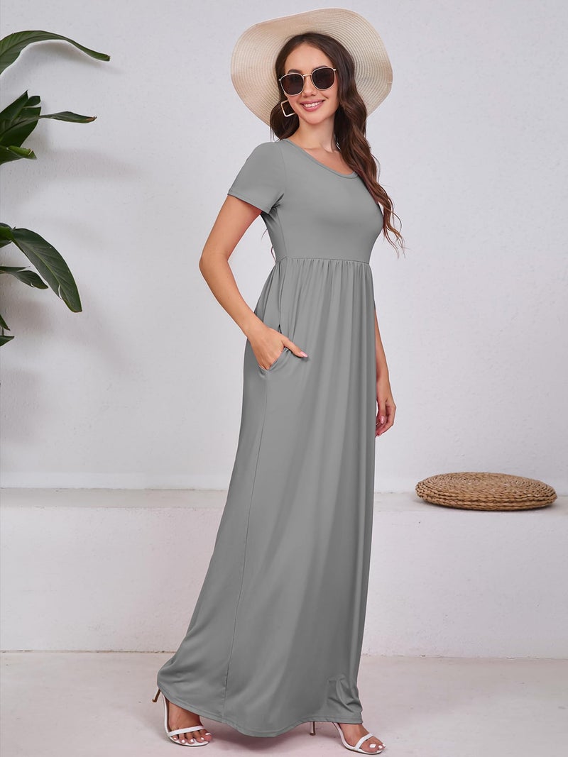 DEARCASE Maxi Dress for Women Grey Large Crewneck Short Sleeves Wedding Guest A-line Casual Loose Party Vintage Spring Summer Beach Long Dresses with Pockets - Image 4