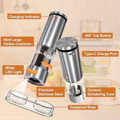EIHO Electric Salt and Pepper Grinder Set Rechargeable, Automatic Salt and Pepper Shakers Mills External Adjustable Coarseness, Kitchen Gadgets, Stocking Stuffers Christmas Cooking Gifts for Men Women - Image 4