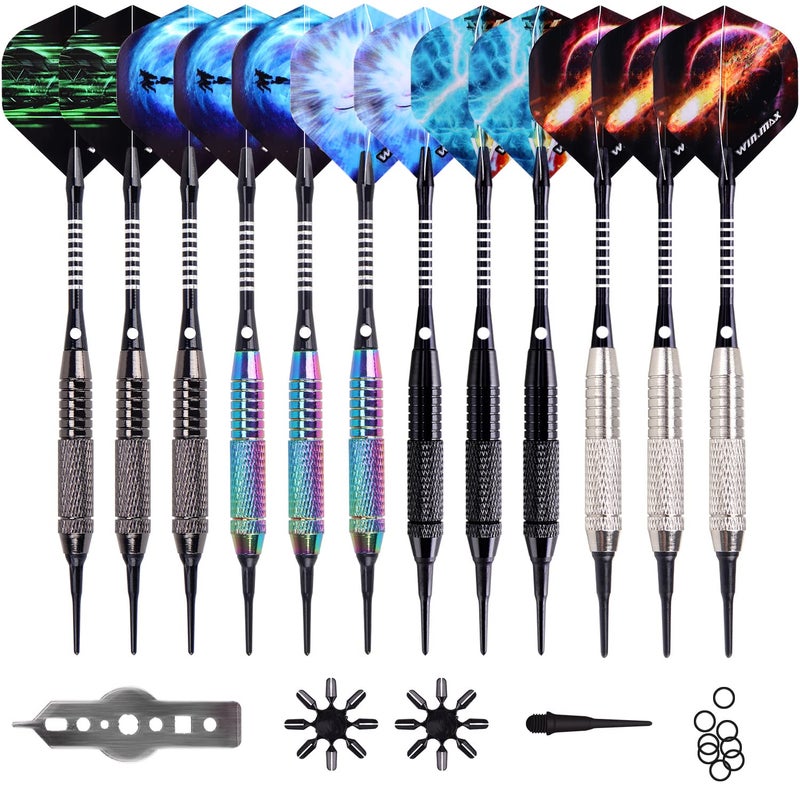 WIN.MAX Darts Plastic Tip - Soft Tip Darts Set - 12 Pcs 18 Gram with 100 Extra Dart Tips 12 Flights Flight Protectors and Wrench for Electronic Dart Board - Image 1