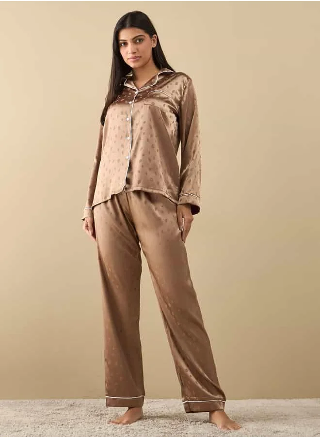 FAV All-Over Leaf Print Long Sleeve Shirt and Elasticated Pyjama Set