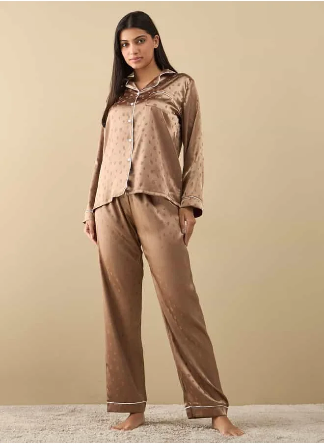 FAV All-Over Leaf Print Long Sleeve Shirt and Elasticated Pyjama Set