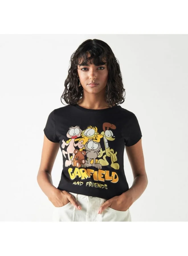 SP Characters Garfield Print Crew Neck T-shirt with Short Sleeves