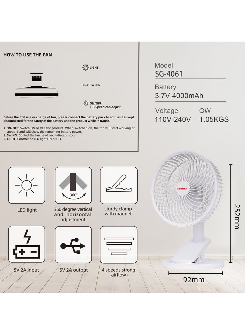 Stargold - 8 Inch Rechargeable Table Fan Clip Fan Ceiling Fan With LED Light - Image 1