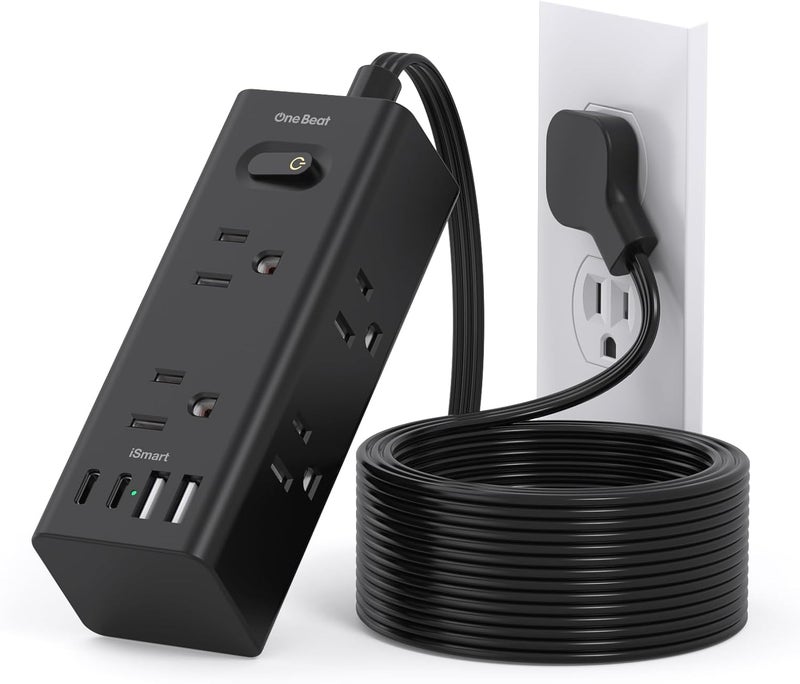 One Beat 10ft Extension Cord with Multiple Outlets, Flat Plug Surge Protector with 10ft Long Cord, 6 Outlets, 3 USB Ports (1 USB C), Multi Wall Plug for Travel, - Image 1