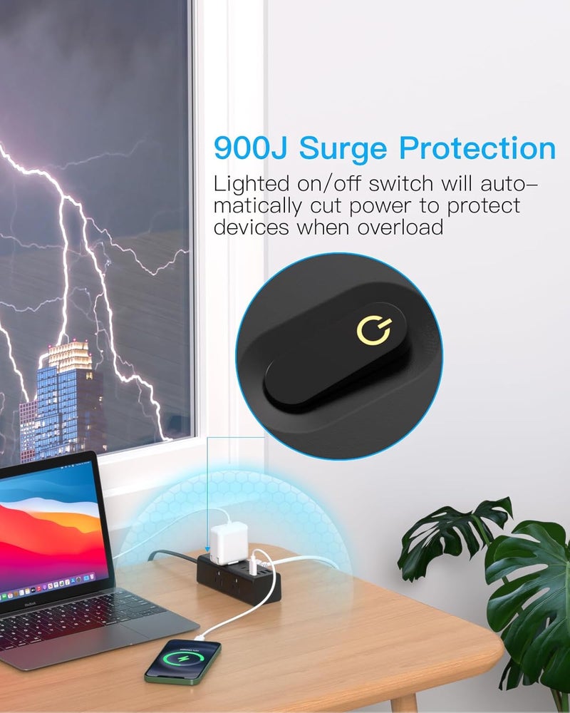 One Beat 10ft Extension Cord with Multiple Outlets, Flat Plug Surge Protector with 10ft Long Cord, 6 Outlets, 3 USB Ports (1 USB C), Multi Wall Plug for Travel, - Image 4