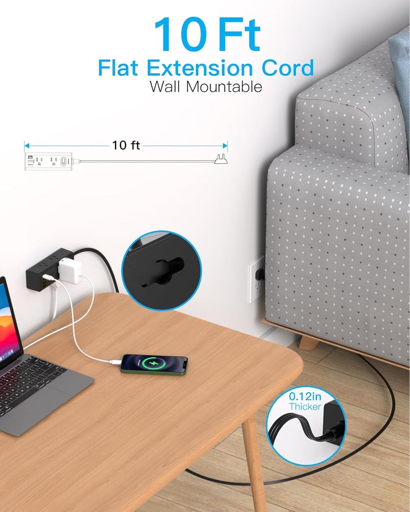 One Beat 10ft Extension Cord with Multiple Outlets, Flat Plug Surge Protector with 10ft Long Cord, 6 Outlets, 3 USB Ports (1 USB C), Multi Wall Plug for Travel, - Image 2
