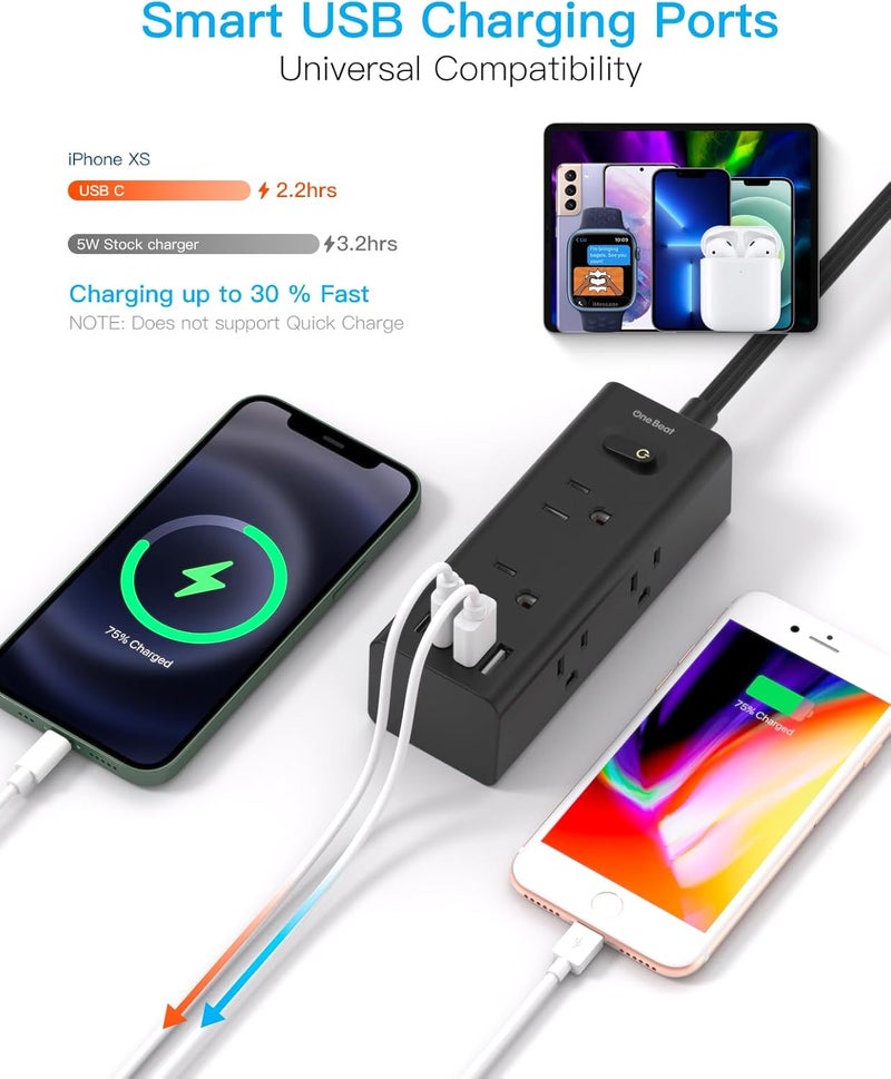 One Beat 10ft Extension Cord with Multiple Outlets, Flat Plug Surge Protector with 10ft Long Cord, 6 Outlets, 3 USB Ports (1 USB C), Multi Wall Plug for Travel, - Image 5