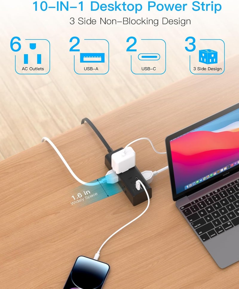 One Beat 10ft Extension Cord with Multiple Outlets, Flat Plug Surge Protector with 10ft Long Cord, 6 Outlets, 3 USB Ports (1 USB C), Multi Wall Plug for Travel, - Image 3