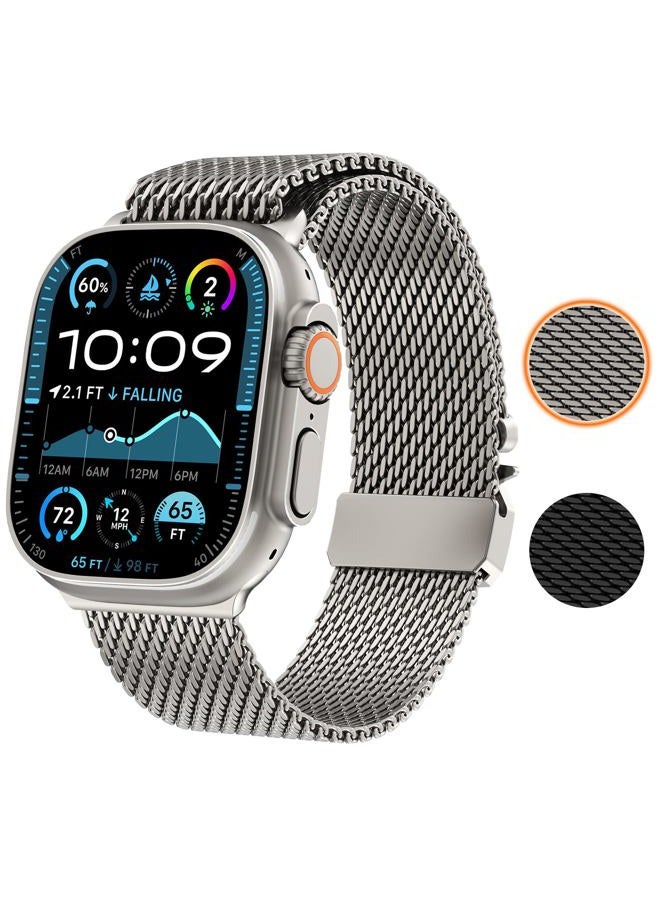 WINGLE Milanese Loop for Apple Watch Band Ultra 2 Band Ultra 49mm 46mm 45mm 44mm Men Women,Parachute-Style Buckle Stainless Steel Mesh Metal Bands for iWatch Series 10 9 8 7 6 5 4 3 SE Titanium - Image 2