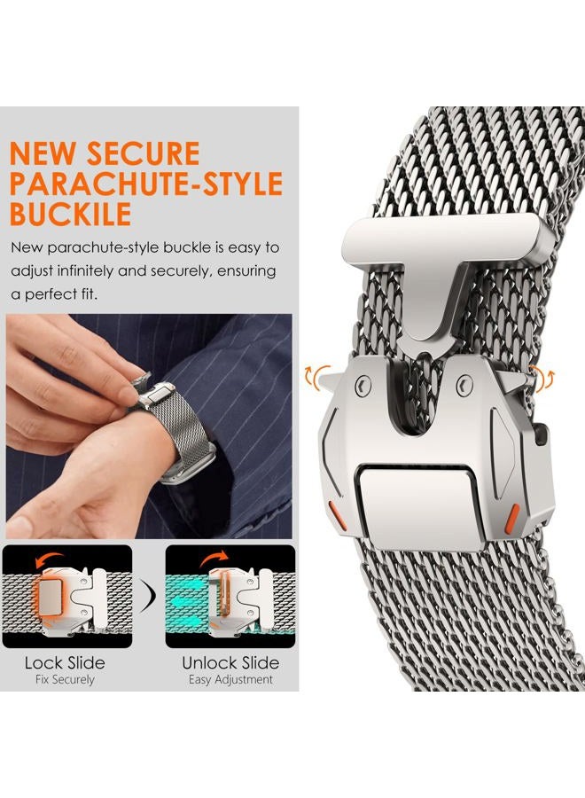 WINGLE Milanese Loop for Apple Watch Band Ultra 2 Band Ultra 49mm 46mm 45mm 44mm Men Women,Parachute-Style Buckle Stainless Steel Mesh Metal Bands for iWatch Series 10 9 8 7 6 5 4 3 SE Titanium - Image 3