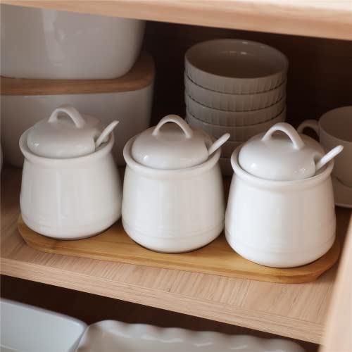 HAOTOP Porcelain Condiment Jar 3 Pack Set with Tray, 12 Ounces White - Image 4