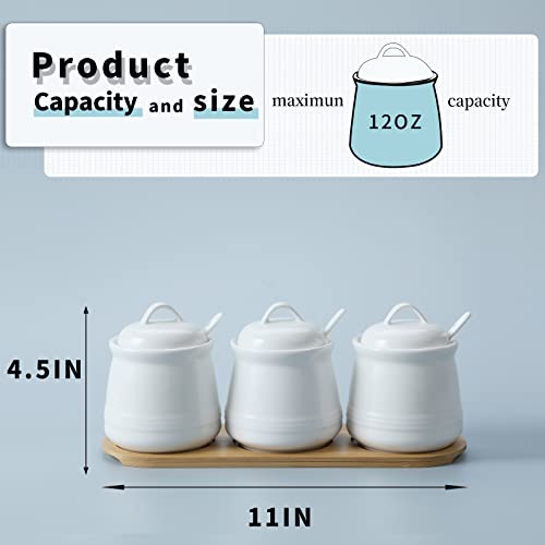 HAOTOP Porcelain Condiment Jar 3 Pack Set with Tray, 12 Ounces White - Image 3