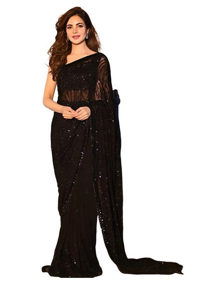Satrani Women's Georgette Dyed & Embroidery Sequnece Saree with Unstitched Blouse Piece (3254S141N_Black) - Image 1
