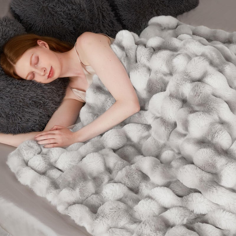 Touchat Luxury 1000GSM Faux Rabbit Fur Throw Blanket, Super Heavy Warm Cozy Grey Blankets for Couch Bed Sofa, Ruched Plush Fuzzy Elegant Soft Reversible Mink Blanket for Living Room Bedroom - Image 4