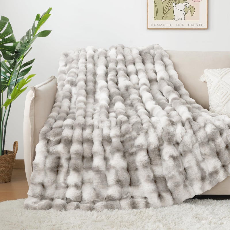 Touchat Luxury 1000GSM Faux Rabbit Fur Throw Blanket, Super Heavy Warm Cozy Grey Blankets for Couch Bed Sofa, Ruched Plush Fuzzy Elegant Soft Reversible Mink Blanket for Living Room Bedroom - Image 5
