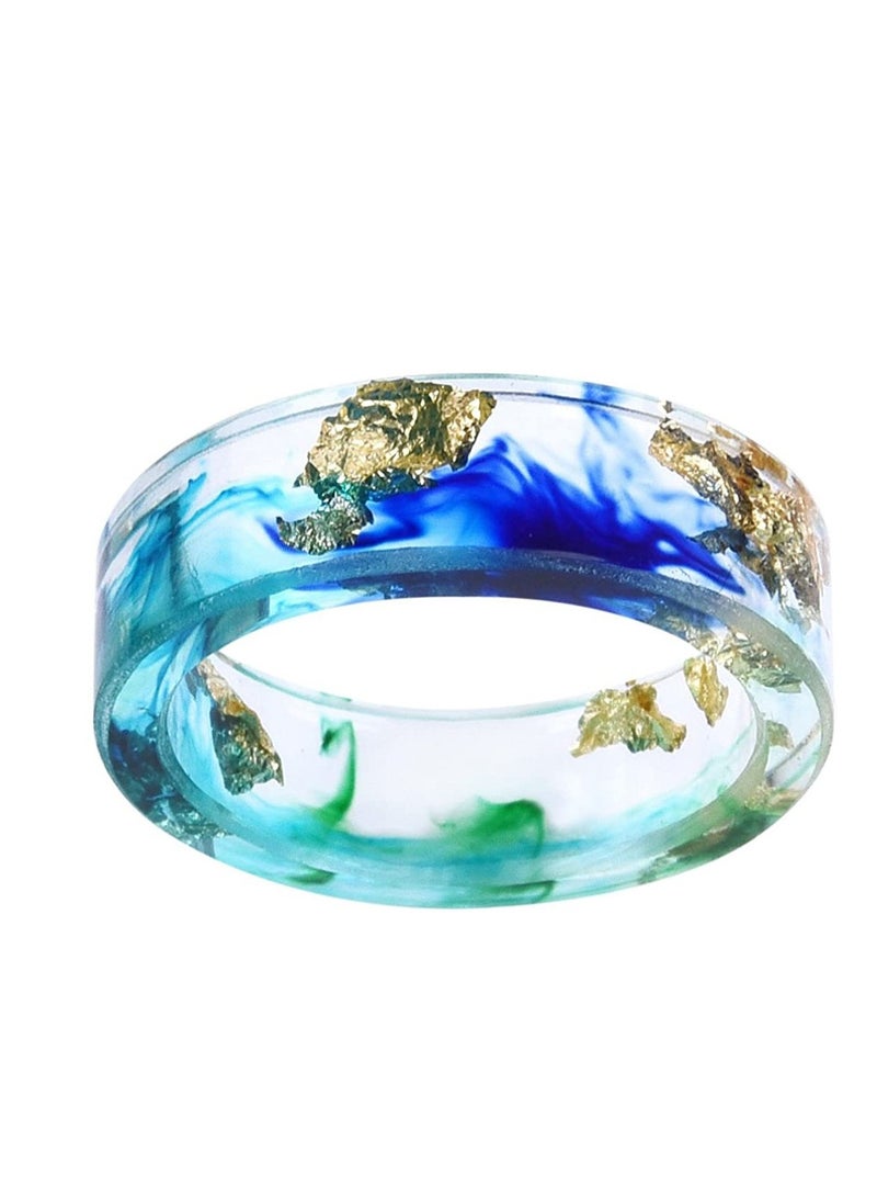 ROMAD 19MM Handmade Resin Dried Flower Gold Foil Ring – EU Size 60, Ocean Blue Ink Pattern, Fashion Statement Jewelry, Unisex Aesthetic Adjustable Ring - Image 1