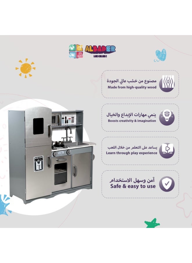 البدر مطبخ خشبي كبير للأطفال مع إضاءة بالمقابض وإكسسوارات طبخ معدنية , مطبخ لعب تعليمي بتصميم واقعي يشمل فرن وثلاجة وميكروويف وحوض وخزائن، هيكل متين ومساحات تخزين لتنمية الإبداع والمهارات - Image 3